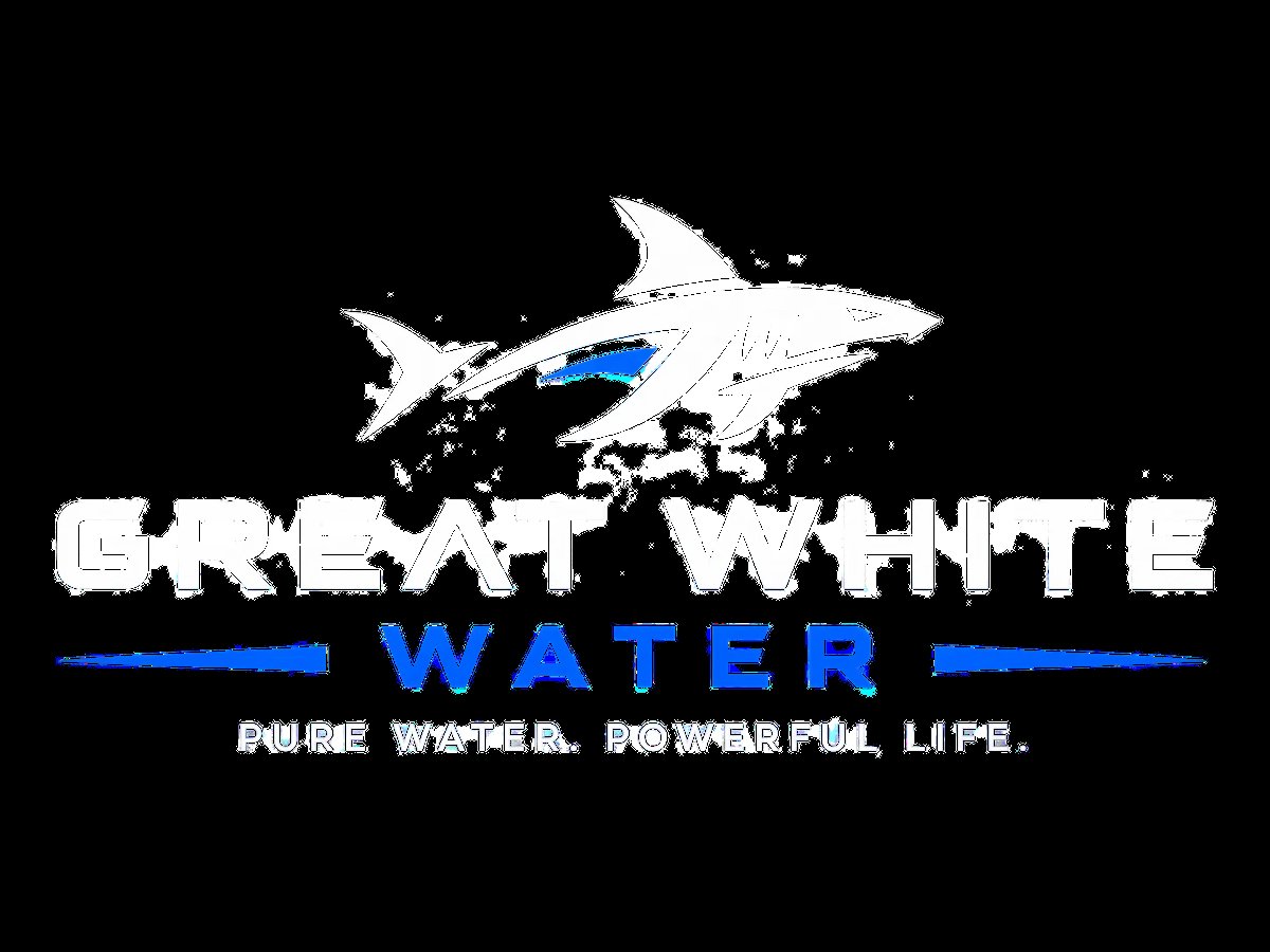 Great White Water logo featuring a great white shark illustration with blue accents and tagline Pure Water, Powerful Life